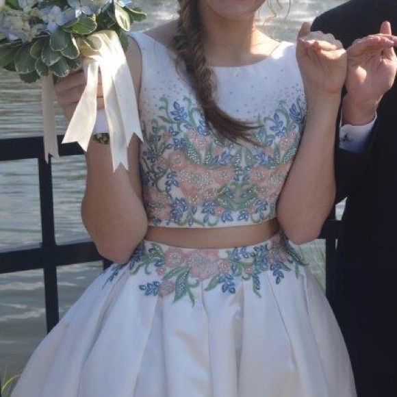 Tiffany Designs White Two Piece Floral Prom Dress - Picture 1 of 8